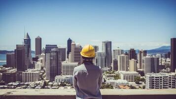 AI generated Man in Yellow Hard Hat Observing Cityscape photo
