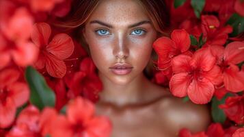 AI generated Stunning portrait of a young woman surrounded by red flowers photo