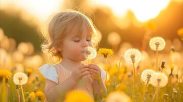 ai generado pequeño niña soplo en diente de león en campo foto