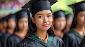 ai generado mujer en graduación gorra y vestido foto