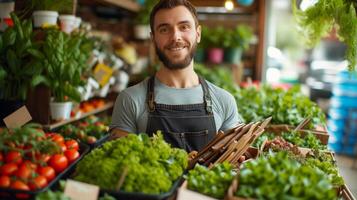 AI generated Man Standing in Front of Vegetable Display photo