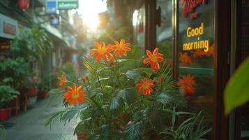 AI generated Potted Plant With Orange Flowers in Front of Store photo