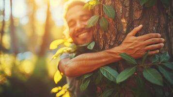 AI generated Man Hugging Tree in Woods photo