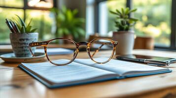 AI generated Open book with glasses on study table in cozy home interior photo