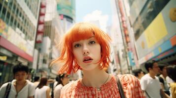 AI generated Woman With Red Hair Standing in Crowded Street photo