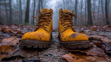 AI generated Yellow Boots on Leaf Covered Ground photo