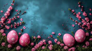 AI generated Group of Pink Eggs on Lush Green Field photo