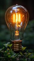 AI generated Glowing edison light bulb amongst green foliage in dark setting photo