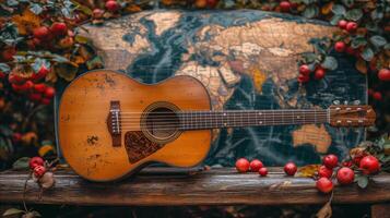 ai generado guitarra en de madera mesa foto