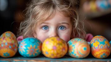 ai generado un niña posando en frente de el pintado vistoso Pascua de Resurrección huevos foto