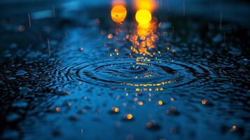 AI generated Raindrops falling on water surface with glowing bokeh lights background photo