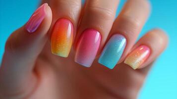 AI generated Vibrant summer ombre manicure on female hand against blue background photo