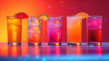 AI generated Cocktail glasses arranged in rows in front of colorful background photo