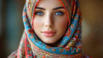 ai generado un joven musulmán mujer vistiendo hijab foto