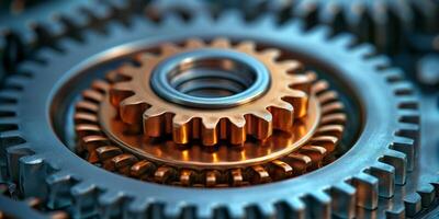 AI generated Close-up of metallic gears interlocking, precision engineering concept photo