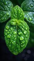 ai generado de cerca de agua gotas en un verde hoja foto