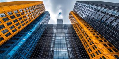 AI generated Modern skyscrapers reaching towards blue sky in urban cityscape photo