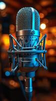 AI generated Blue Microphone With Blurry Background photo