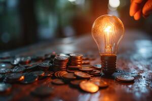 AI generated Light Bulb on Coins, Symbol of Financial Innovation and Opportunity photo