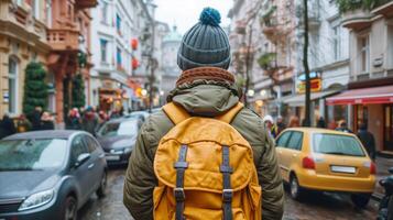 AI generated Traveler with backpack exploring bustling city streets in winter photo