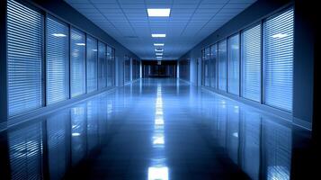 AI generated Empty office hallway with blue tinted windows and reflections at night photo