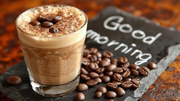 AI generated Glass of Coffee Next to Pile of Coffee Beans photo