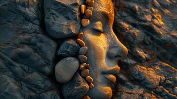 AI generated Tranquil face surrounded by stones in golden light photo