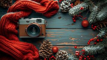 AI generated Camera and Pine Cones on Wooden Table photo