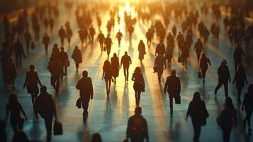 ai generado grande grupo de personas caminando abajo un calle foto