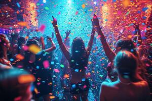 ai generado grupo de personas celebrando con papel picado a fiesta foto