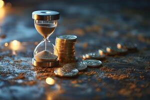 AI generated Hourglass and Coins on Table photo