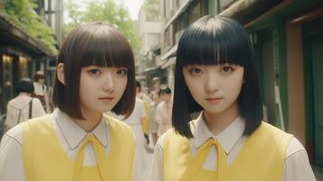 AI generated Asian Schoolgirls in Uniforms Walking on City Street photo