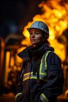 ai generado mujer en difícil sombrero en pie en frente de fuego foto