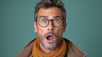 AI generated Surprised adult man with glasses expressing amazement on teal background photo
