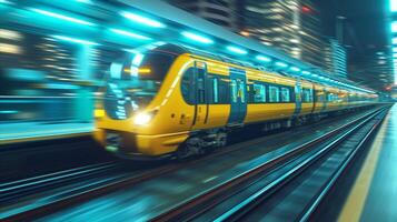 ai generado moderno amarillo tren exceso de velocidad mediante urbano noche escena foto