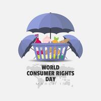 World Consumer Rights Day poster with a basket full of groceries is protected by an umbrella vector