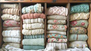 AI generated Drawer Filled With Various Blankets photo