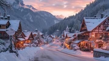 AI generated Snowy Village With Mountain in Background photo