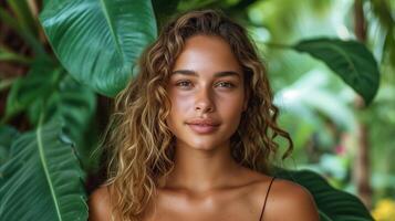 AI generated Serene young woman with natural curly hair in tropical setting photo