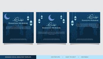 set of ramadan kareem greeting text background design with islamic ornament and lantern in luxury color blue template vector