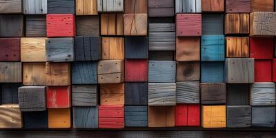 AI generated Varied textured wooden blocks wall with colorful patterns photo