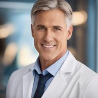 AI generated close-up portrait of a seasoned doctor photo