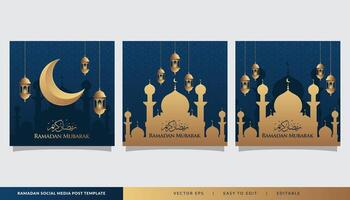 Set of square social media post template in Blue and gold background design template vector