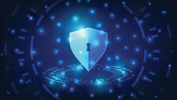 cyber security technology concept. digital shield with virtual screen on dark blue background. privacy data protection symbol vector
