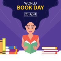 ilustración vector gráfico de un mujer vistiendo lentes estaba histérico mientras leyendo un libro en el mesa, Perfecto para internacional día, mundo libro día, celebrar, saludo tarjeta, etc.