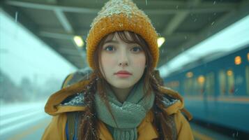 ai generado joven mujer esperando en Nevado tren plataforma en invierno atuendo foto