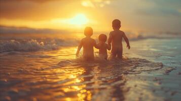 ai generado niños caminando dentro Oceano a puesta de sol foto