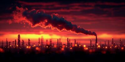 AI generated Industrial silhouette against fiery sunset sky with pollution photo