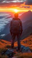 AI generated Man Standing on Mountain Top With Backpack photo