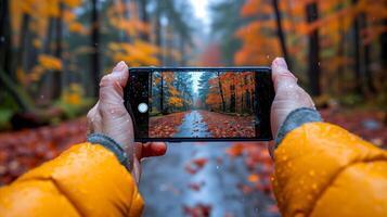 AI generated Person Capturing Road Through Woods photo